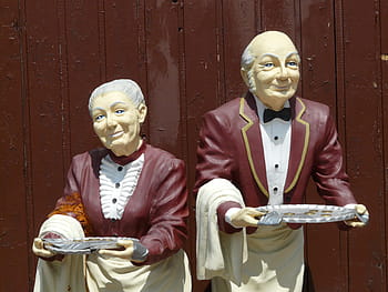 woman statues, Man, Woman, Figures, Begging, Money, servant, staff, old, couple, human