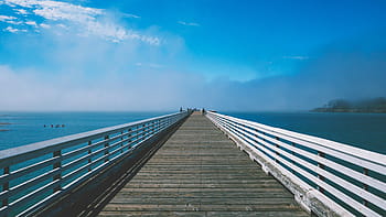bílý, dřevěný, promenádě, během dne, hnědý, dok, u, uklidnit, moře, voda, molo