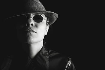uomo, indossare, grigio, cappello fedora, in scala di grigi, foto, persona, cappello, occhiali da sole, collared, camicia
