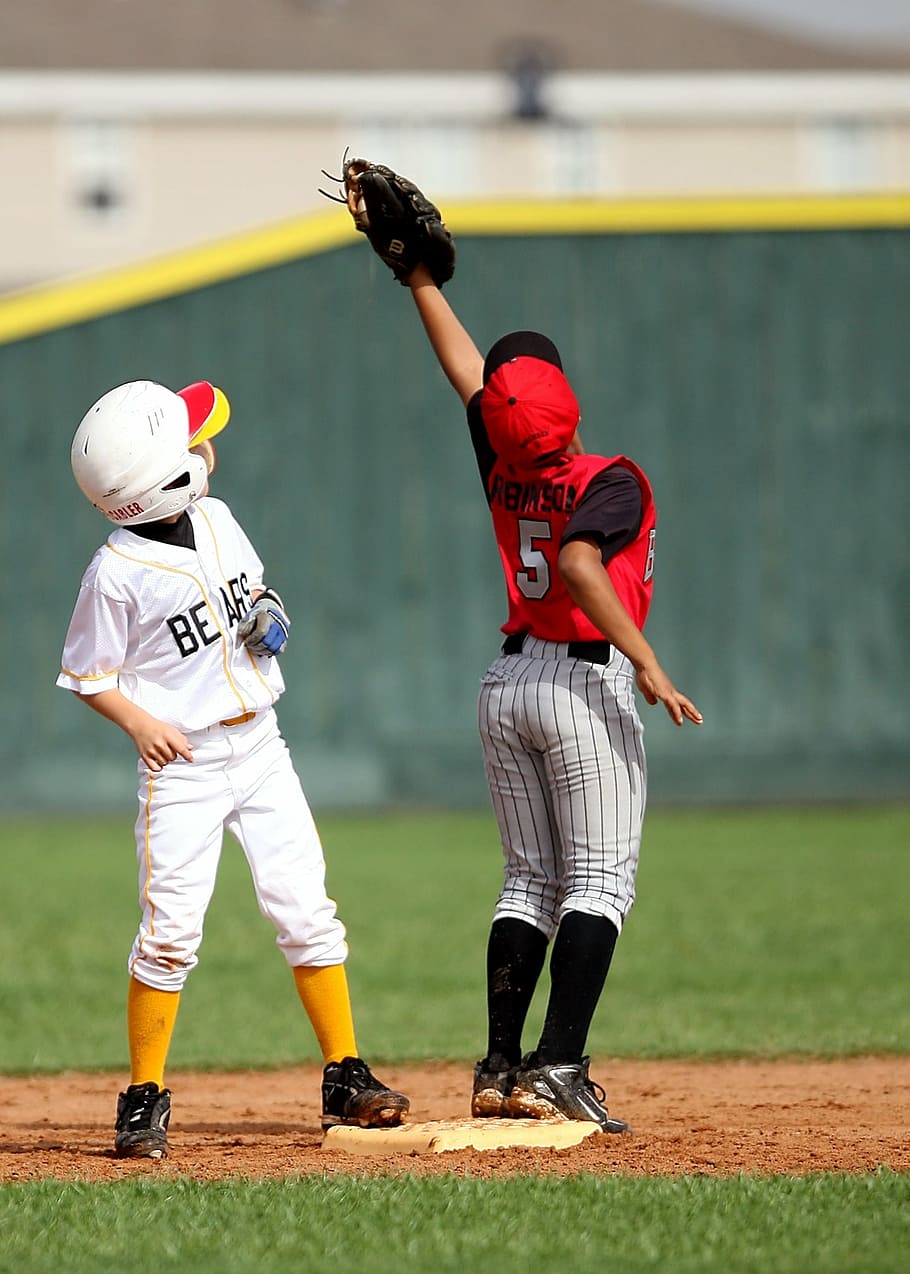 baseball, players, infield, second base, sport, ball, field, athlete, young, summer, boy