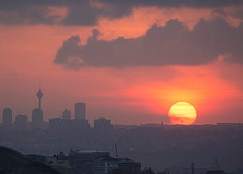 sunset view, mountain, building, sunset, architecture, infrastructure, city, lights, tower, urban, skyline