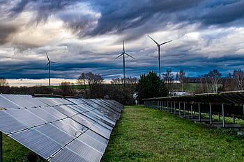 solar panel, solar energy, windräder, renewable energy, green power, energy revolution, solarpark, voltaic, clouds, autumn sky, power generation