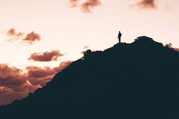 silhouette photo, man, standing, mountain, silhouette, person, guy, people, hiking, trekking, adventure