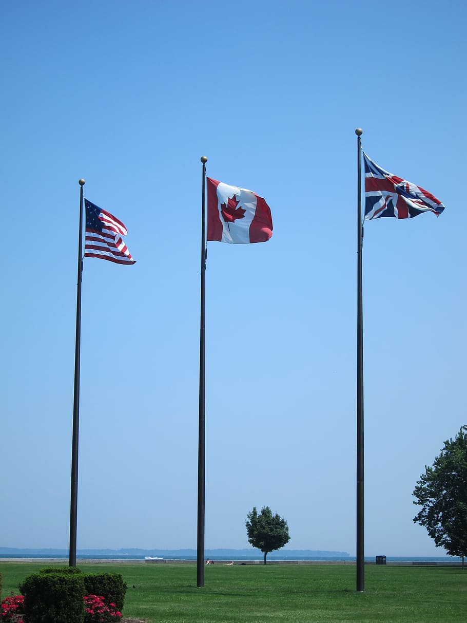 flag, sky, america, canada, britain, wind, patriotism, sunny, waving, flying, wave