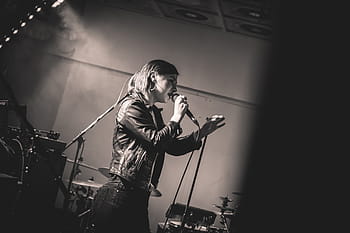 grayscale photo, woman, performing, stage, lady, people, lead, singer, artist, music, sound