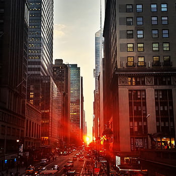 arabalar, yol, çevrili, çok katlı, binalar, altın, saat fotoğraf, Kent, Manhattan, gün batımı, kasaba