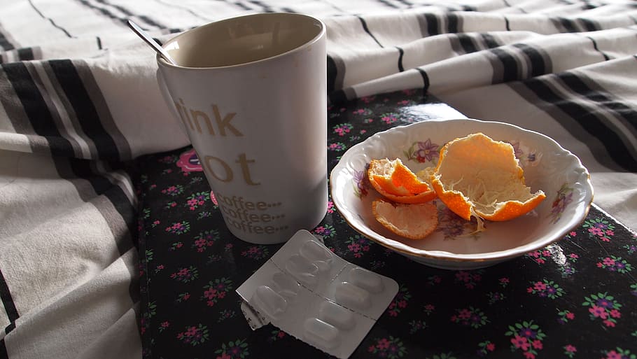 mug, bowl, blister pack, sick, pills, medications, fruit, medication, mandarin, coffee, bed