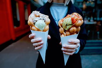 Kadın, tutma, iki, krep, sokak, Gıda, tatlı, şekerleme, gelato, buz, krem