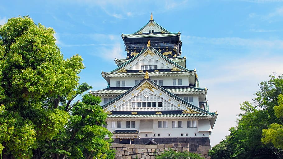 bílý, šedá, chrám, stromy, osaka hrad, Japonsko, Pět, osaka, mezník, asijský styl, architektura