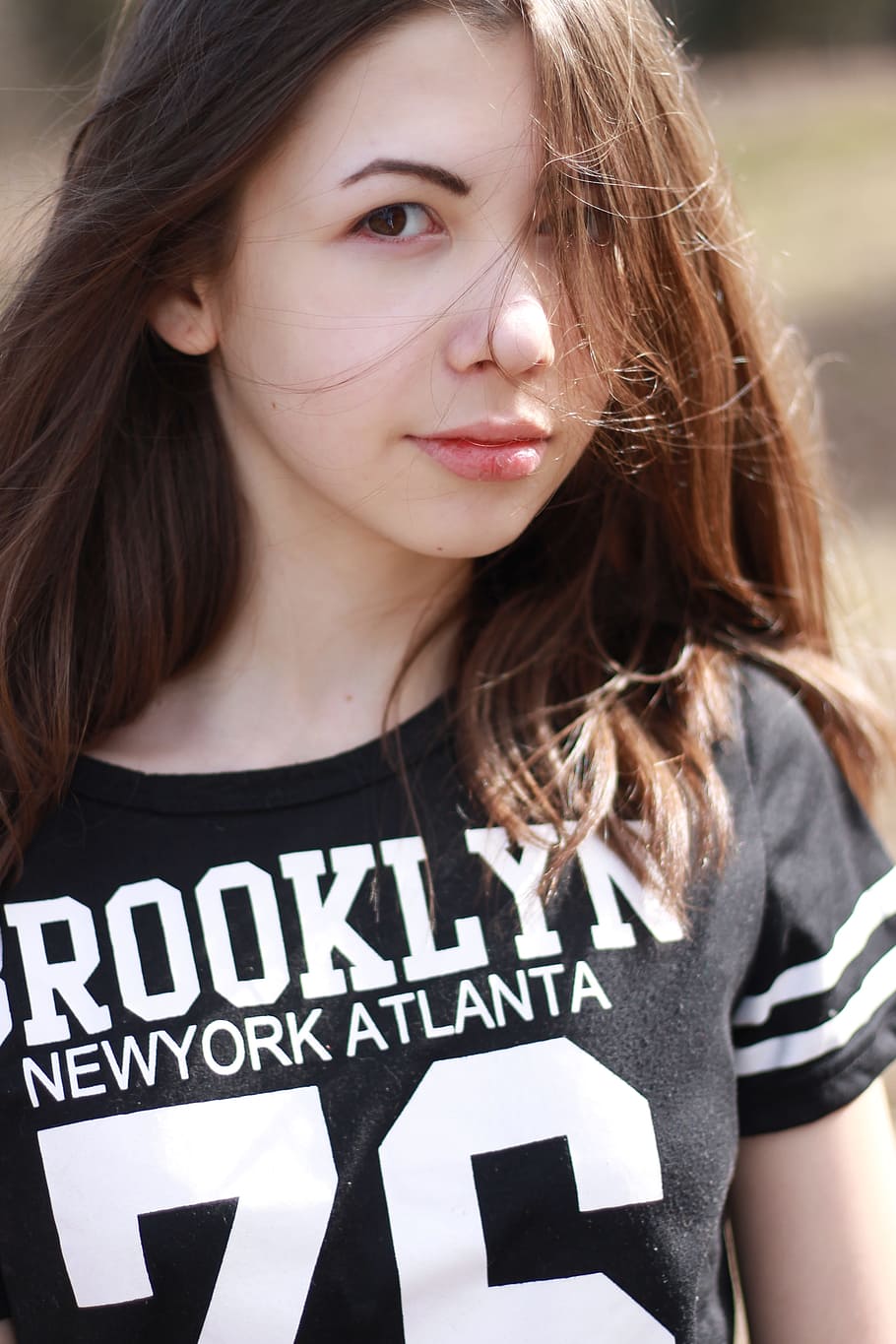 brown, haired woman, black, white, crew-neck, top, portrait, girl, portrait of a girl, person, eyes