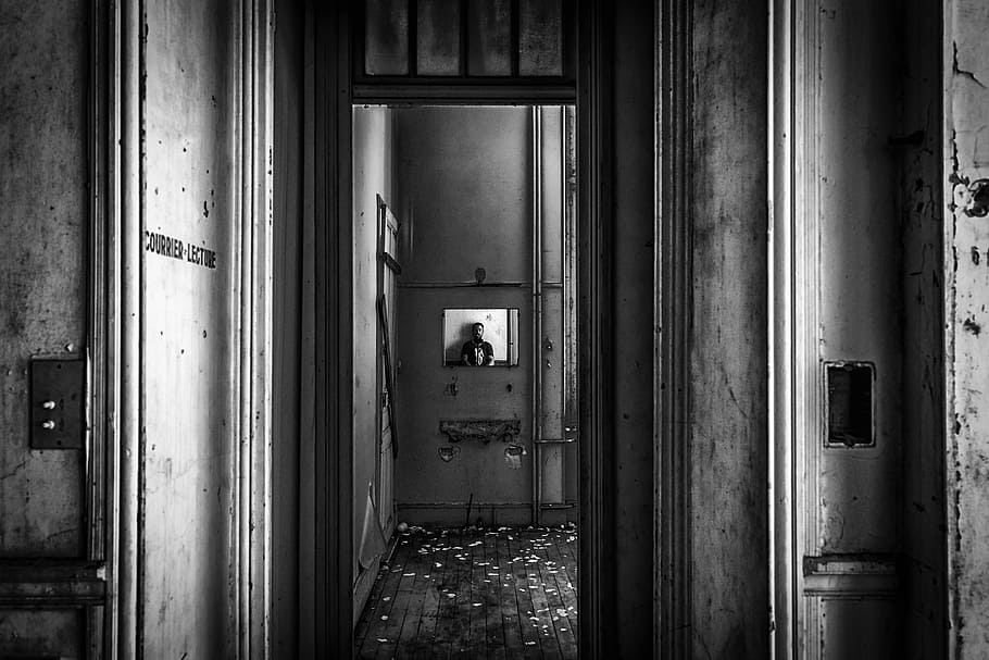 grayscale photo, hallway, lost places, mirror, pforphoto, gloomy, empty, darkness, atmosphere, leave, underground