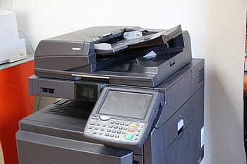 uitgeschakeld, grijs, fotokopieerapparaat, naast, wit, geschilderd, muur, copier, printer, technologie