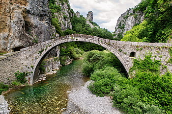 obloukový most, obklopen, stromy, krásná krajina, Řecko, ioannina, kámen, Příroda, krajina, voda, voda pod mostem