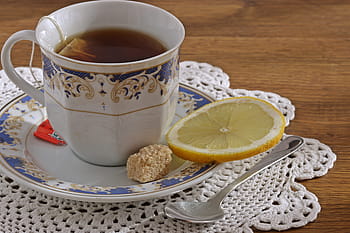 clear, glass mug, saucer, spoon, Cup Of Tea, Lemon, Porcelain, tea, a cup of tea, sugar cube, the drink