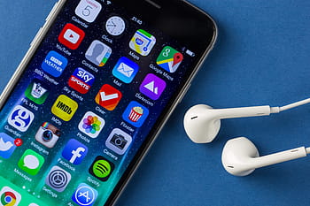 mobile, smartphone, earphones, plain, blue, background, Close-up shot, iPhone 6, on a plain, technology, communication