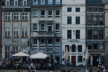 gruppe, mennesker, gå, foran, beton, bygning, bygninger, struktur, arkitektur, Starbucks, gade