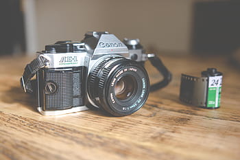 Fotoğraf, siyah, gri, canon ae, AE-1, slr kamera, yanında, film, kahverengi, yüzey, kamera