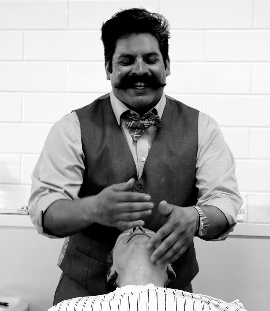 gray, scale photo, man, standing, barber, salon, retro, grooming, mustache, barber shop, facial
