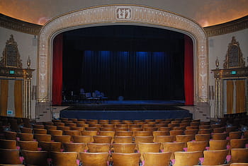 leeg, stoelen, stadium, interieur, theater, gordijn, drama, theater-, presentatie, gehoorzaal, gordijnen