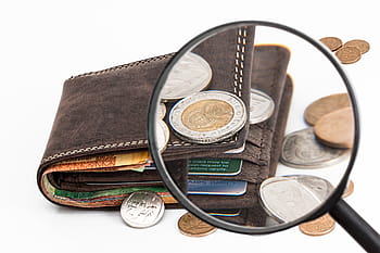 Černá, zvětšování, sklenka, hnědý, kožená peněženka, peněženka, kreditní karta, hotovost, investice, peníze, finanční