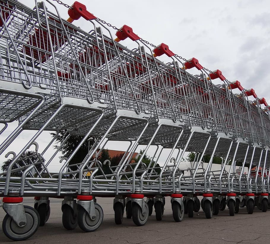 gray, steel shopping cart lot, daytime, shopping cart, purchasing, supermarket