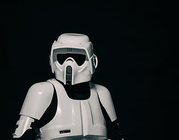 star wars scout trooper, man, wearing, storm, trooper, costume, human, robot, machine, technology, black and white