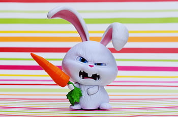 rabbit, holding, carrot figurine, hare, evil, snowball, film character, pets, funny, cute, animal