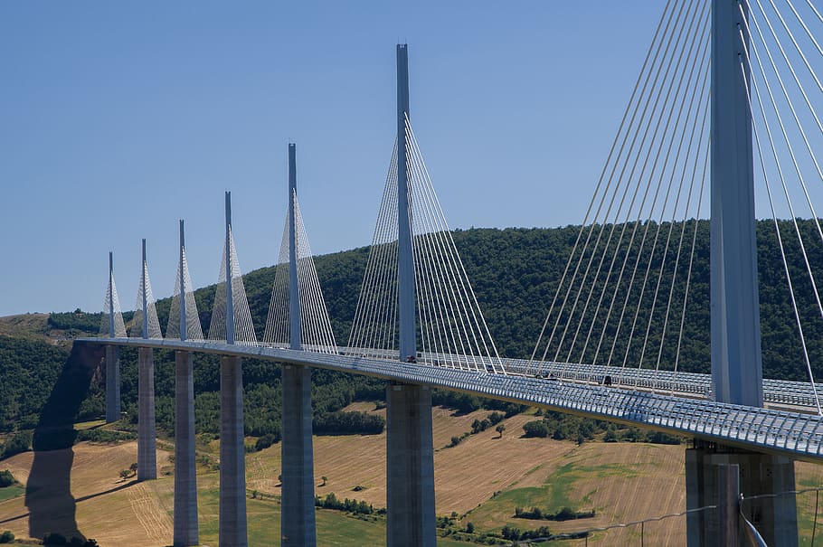 bridge, millau, viaduct, shrouds, cables, highway, pillar