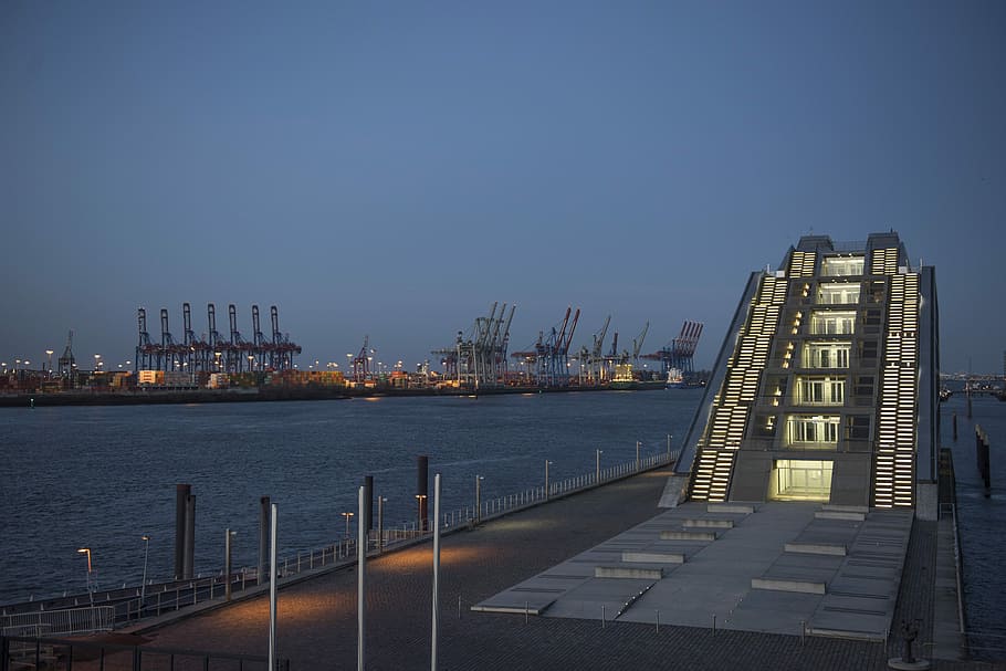 svítání, přístav, Hamburg, přístaviště, nálada, ranní světlo, přístavní jeřáby, exteriér budovy, architektura, stavba, město