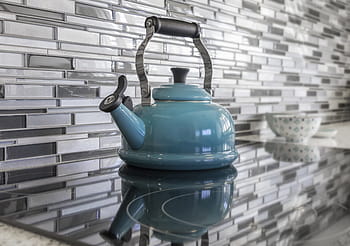 blue, kettle, induction cooker, kitchen, teapot, glass tile, staging, real estate, tea, teal, monochrome