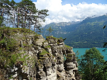 Skála, hory, útesy, strom, borovice, skalní hrana, jezero, vysokohorský, mraky, Pohled, Krásná