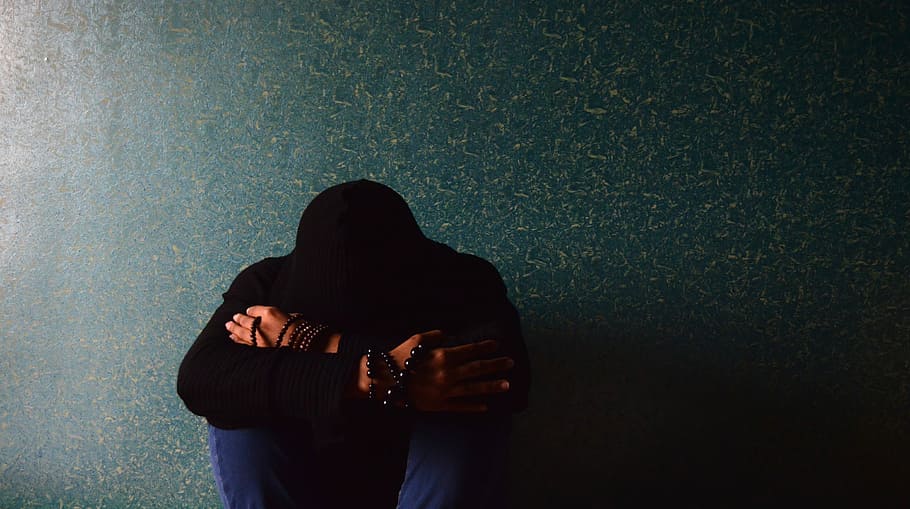 person, kneeling, green, wall, man, depressed, hoodie, unhappy, sad, sitting, adult
