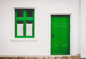closed, green, wooden, 6-panel, 6- panel door, house, front, door, window, entrance, home