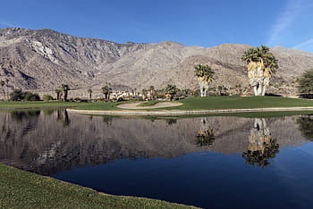 golf course, water feature, desert, indian canyons golf resort, palm springs, california, usa, outdoors, recreation, mountains, reflection
