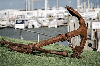 brown, metal anchor, green, grass, shipping, anchor, ship, port, old, boot, rusted