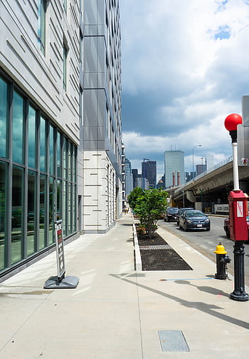 empty, city, street, corner, road, cars, sidewalk, curb, autos, shopping, sign