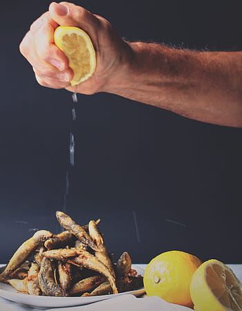 person, squeezing, lemon, fried, fishes, food, human Hand, freshness, gourmet, holding, close-up