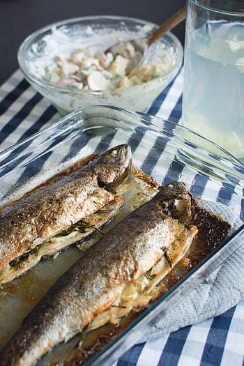 fish, potato salad, Baked, homemade, food, gourmet, freshness, seafood, meal, food And Drink, indoors