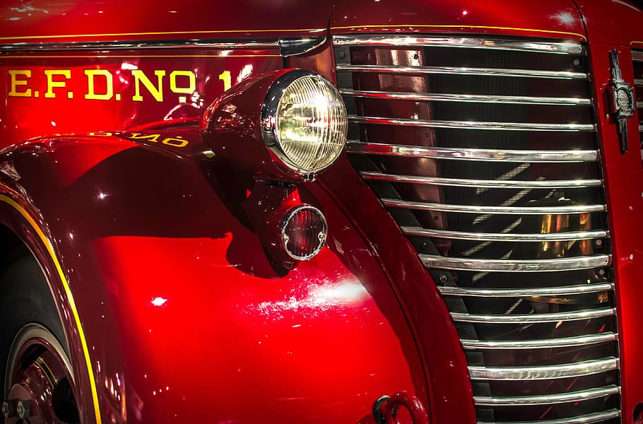 closeup, red, vintage, vehicle, firetruck, fire fireman, fire engine, firefighter, front light, car, retro Styled