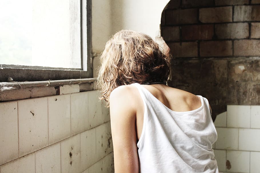 woman, standing, ceramic, tile wall, inside, room, girl, people, bricks, window
