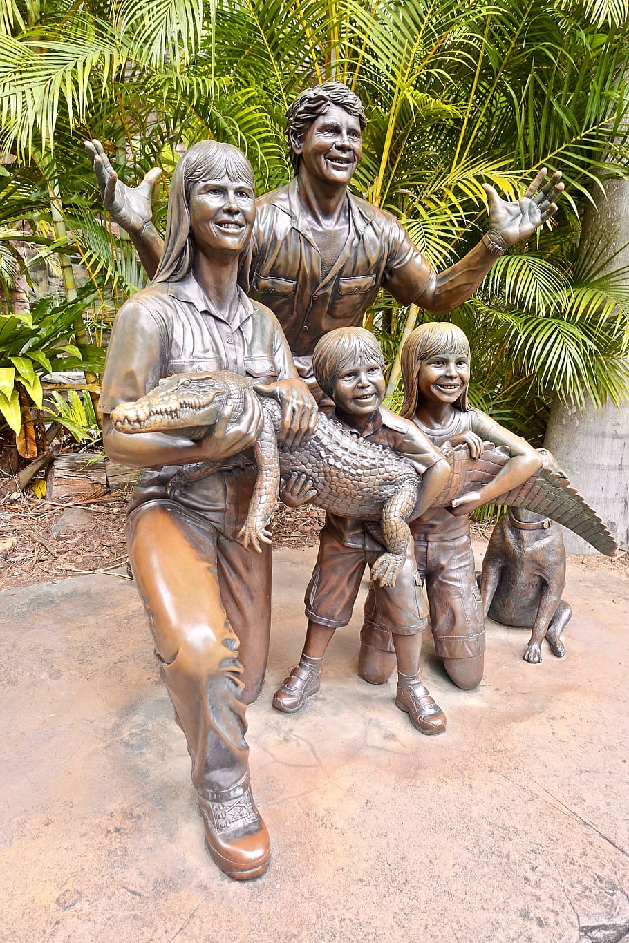 socha, rodina, bronz, cestovní ruch, steve irwin, památník, sochařství, palma, den, část lidského těla, dospělý