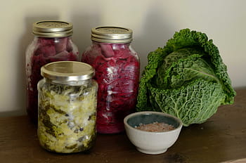 tři, Průhledná, Skleněné sklenice, vedle, zelená, kysané zelí, fermentované, zelí, zeleniny, fermentace, zdravý