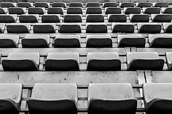 zetels, stoelen, stadion, rijen, evenement, zwart en wit