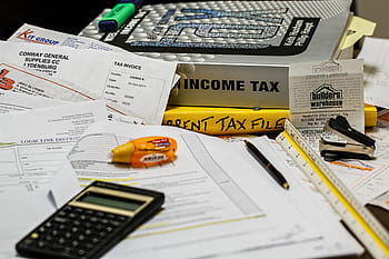 Černá, šedá, kalkulačka, papíry tiskárny, daň z příjmu, výpočet, vypočítat, papírování, daň, příjem, finance