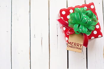 red, white, polka-dot, merry, christmas gift box, wood board floor, background, border, white space, text space, christmas