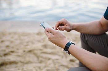 menggunakan, pantai, Muda, Pria, Telepon, orang-orang, musim panas, teknologi, iphone, iphone 6, ponsel
