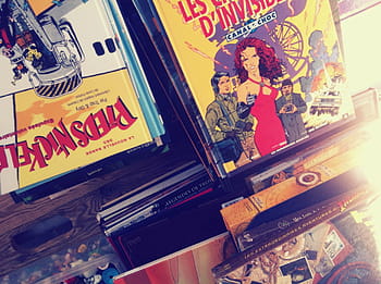 šarže knihy, roztříděný, komik, knih, komiksy, filmy, DVD, text, nikdo, detail, vícebarevné