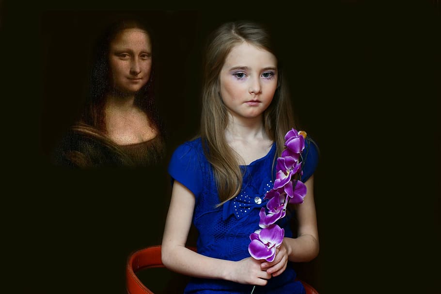 girl, mona lisa painting, lady, view, nose, beautiful, fashion, two people, people, looking at camera, front view