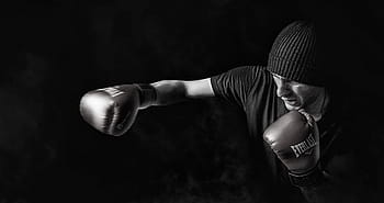 grayscale photo, man, wearing, beanie, everlast boxing gloves, profile, black shirt, shadow boxing, box, sport, men