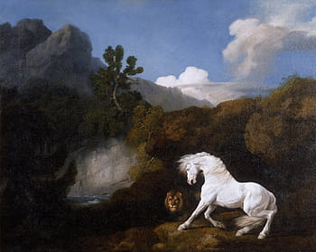 bianca, cavallo, maschio, Leone, corpo, acqua, George Stubbs, paesaggio, pittura, arte, artistico